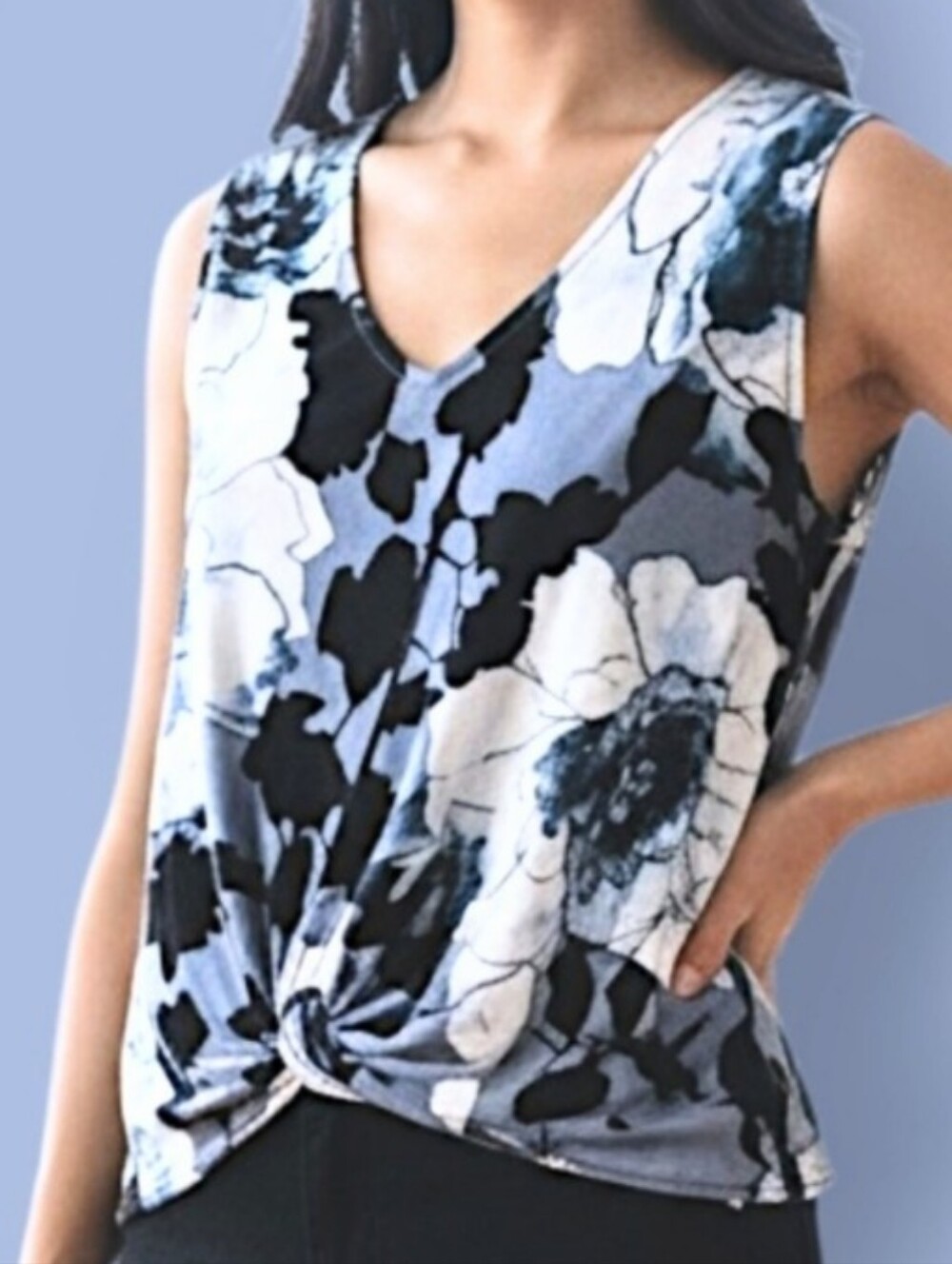 💠 DKNY Floral Twist-Front Sleeveless Top - Blue, Black, White W/ Silky Feel